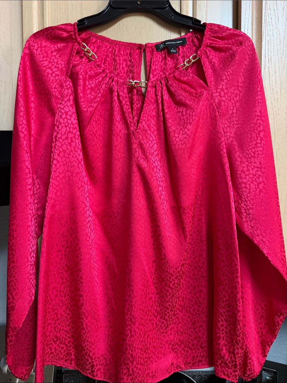 INC International Concepts Hot Pink Satin Blouse with Gold Chain Detail